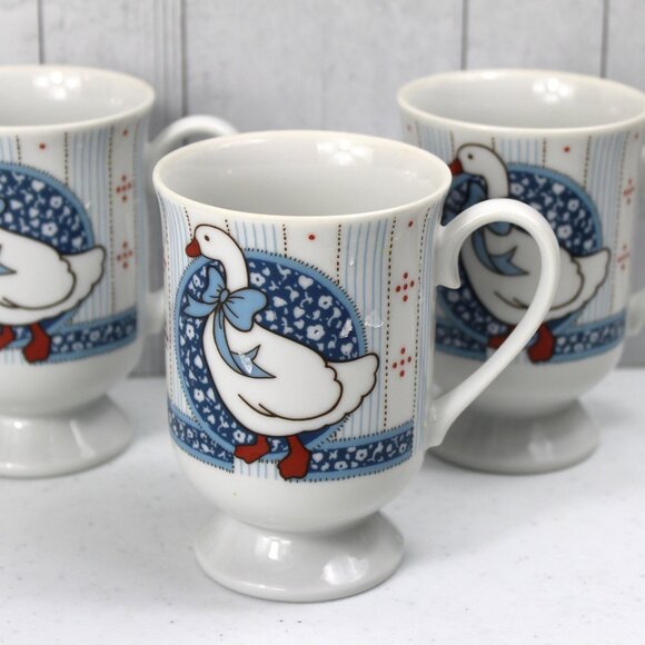 Vintage Set of 3 B&D Country Blue Bow Ribbon Duck Goose Classic 80s Cups Mugs - Picture 1 of 6